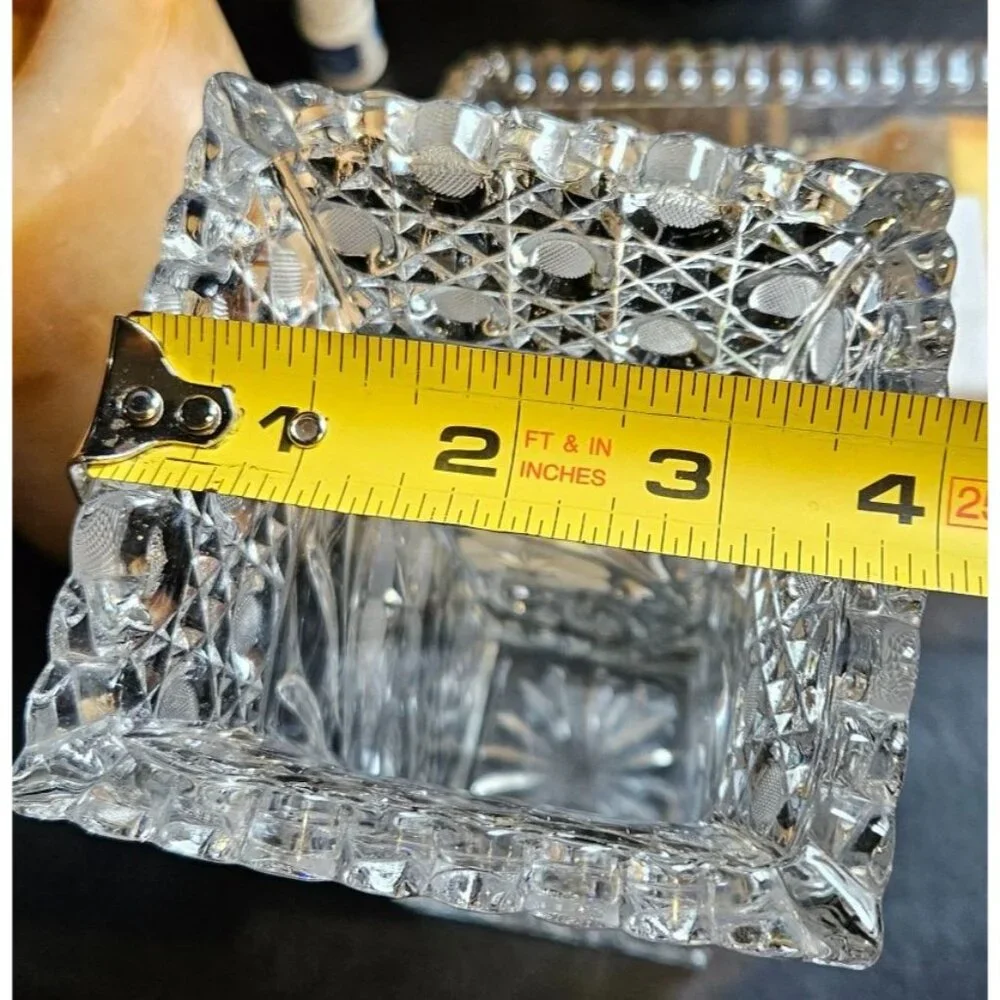 Vintage‎ Vase Crystal Cut Glass Etched Flower & Starburst Rectangular 10 Inches